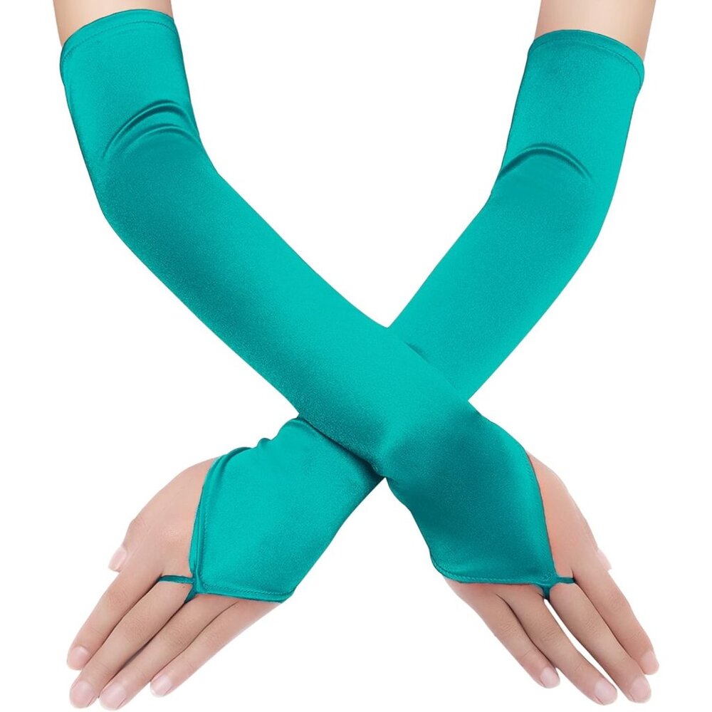Women's Stretchy Hole Green Finger Loop Satin Fabric Gloves Opera Party Prom